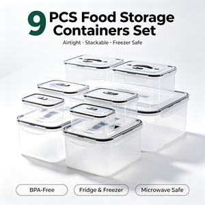 9個入り BPAフリー 気密食品保存容器セット スタッカブル ポータブル 電子レンジ・冷凍庫対応 キッチン収納ボックス - Product Image 1