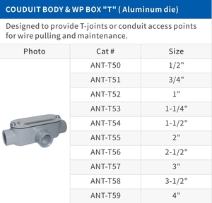 Cuerpo de conducto en <span class=keywords><strong>T</strong></span> roscado de aluminio gris troquelado de 1/2-4 pulgadas con juego de caja de conexiones de cubierta de acero estampado que incluye junta de tornillo - Product Image 5