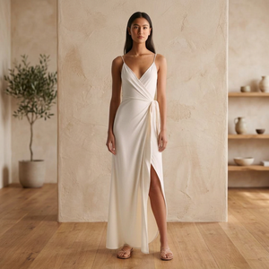 Vestido Maxi Cruzado Contemporáneo, Diseño Bohemio Hecho a Mano, 100% Seda, Silueta en A, Abertura Alta, Hecho de Forma Ética para Fiestas Elegantes - Product Image 2