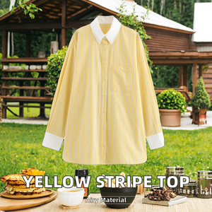 Blusa Casual para Mujer, Corte Regular, con Botones, Rayas Amarillas, Tela Popelina, Manga con Volantes, Hombros Caídos, Cuello Camisero, Estilo Vintage - Product Image 2