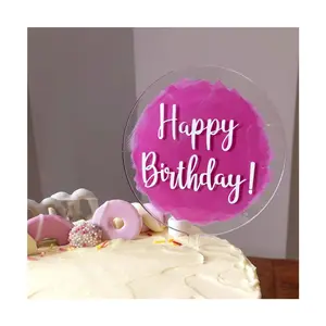 Kustom puncak kue bulat akrilik ulang tahun pernikahan baptisan konfirmasi Baby Shower serpihan emas Topper Cupcake bening