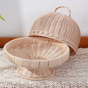 Rustic Woven <strong>Circle</strong> Footed Serving <strong>Tray</strong> with Lid PP Rattan Eco-Friendly Food Platter for Home Kitchen - Product Image 2