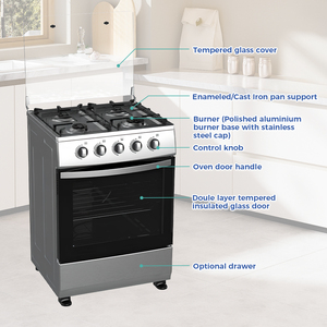 Cuisinière à gaz encastrable 88L avec 4 brûleurs, couvercle en verre, allumage manuel, cuisinière domestique avec four pour la cuisson quotidienne - Product Image 3