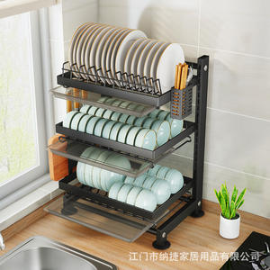 Étagère de rangement de cuisine pour assiettes et bols avec plateau, égouttoir multifonctionnel à séchage rapide, forme carrée - Product Image 4