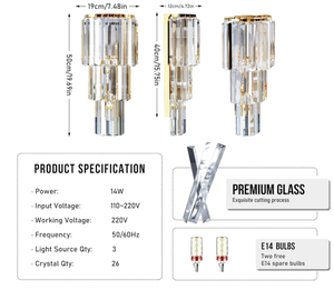 JACKSUN Appliques murales en cristal doré à 7 couches, lampes de couloir, décoration d'hôtel, lumière murale de luxe, dimmable, 120 cm, ampoules <span class=keywords><strong>E14</strong></span> - Product Image 6