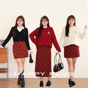 กระโปรงทรงเอลายสก็อตสีแดงสำหรับผู้หญิง แบรนด์ Runqi ไซส์พลัส เอวธรรมชาติ ผ้าโพลีเอสเตอร์ พร้อมป้าย - Product Image 4