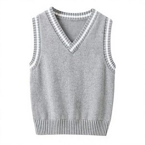 Gilet pull d'uniforme scolaire pour filles, col en V, sans manches, tricoté 100% coton, haut de printemps avec bordure écossaise, tenue de rentrée scolaire - Product Image 1