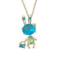 Collier pendentif lapin plaqué or étincelant avec pierre bleue, perles émail vert et turquoise, ovales facettées, cadeau bijoux pour femme