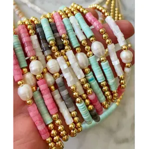 Pulsera ajustable de perlas naturales de agua dulce con cuentas doradas, para niñas