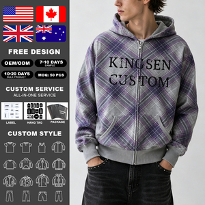 New Design Vintage Washed Thick Cotton Zip up Hoodies Men Custom logo Printed Embroidery Oversized Plaid Rhinestone Hoodie - Product Image 2
