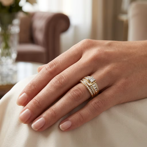 Ensemble de bagues de mariage de luxe en zircon taille princesse, plaqué or 18 carats, avec pavé multi-rangs de zircone cubique, bague de fiançailles spectaculaire pour femme, vente en gros - Product Image 6