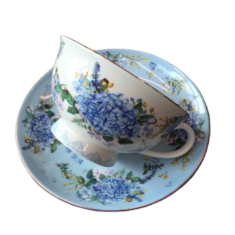 Blue Hydrangea Decal with gold rim royal tea cup and saucer bone china new plate floral