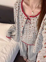 Ensemble de pyjama 3 pièces vintage pour femme style coréen, imprimé floral, en coton, avec dentelle douce, manches longues, collection automne 2026, vêtements d'intérieur et de nuit