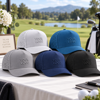 Casquette de performance à 5 panneaux perforée au laser, hydrophobe, de qualité supérieure, pour logo personnalisé et golf