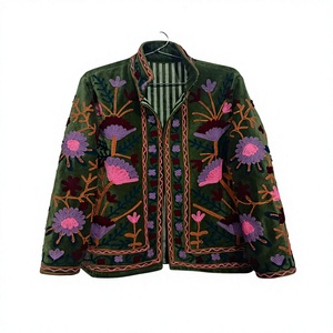 Blouson bomber brodé floral vert pour femme, col montant, coupe classique, doublure en coton - Product Image 6