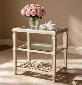 Cream <b>White</b> 3-Tier Glass Top End <b>Table</b> Living Room Accent Side <b>Table</b> with Lattice Shelf - Product Image 3
