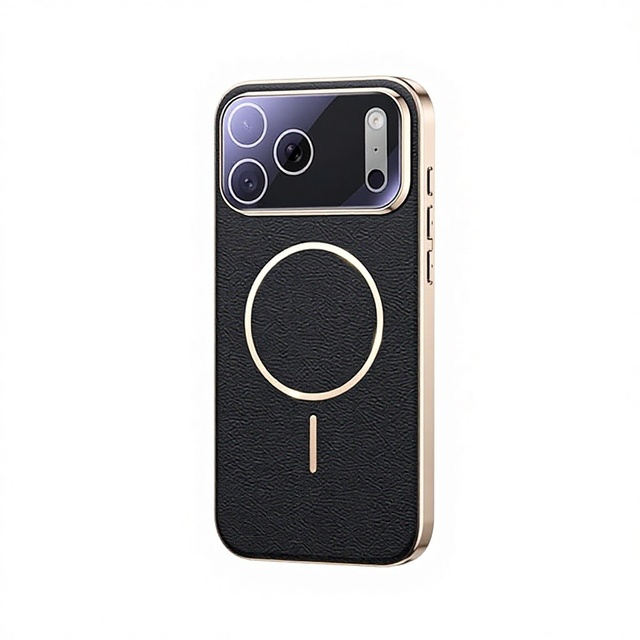 For 17 Pro Max Magnetic Phone Case for 16/15 Pro Plain Embossing Leather Grain Lens Full-Body Drop-Resistant Protection