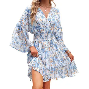 Boho Beauty Relaxed V-neck Chiffon Dress Fashion-forward Unique Floral Printed Low MOQ Girls Apparel