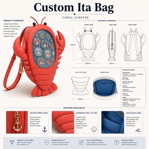 Bolso Ita Personalizado con Forma de Langosta de Coral, de Cuero PU Texturizado Rojo, con Ventana Transparente Ovalada, Ojos de Tallo y Cola Segmentada, Mochila Kawaii - Product Image 1