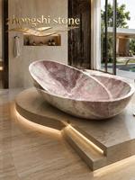 Baignoire autoportante ovale moderne en marbre massif violet rose avec cascade, design 3D de luxe naturel pour villa et SPA