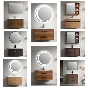 Meuble de salle de bain suspendu en <span class=keywords><strong>bois</strong></span> de noyer de luxe rétro avec miroir à LED, rangement latéral ouvert et tiroirs de rangement, meuble-lavabo mural - Product Image 1