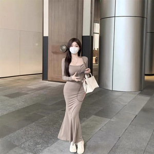Women's Square Neck Long Sleeve Bodycon Dress Mid Length Fishtail Stretch Knitted Solid Color Black Dark Gray Brown - Product Image 3