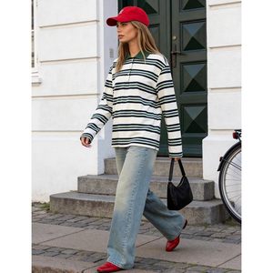 FOXA Womens Striped Polo Shirt Long Sleeve <b>Preppy</b> Knitted <b>Top</b> Regular Fit V Neck Lapel Collar Button Front Sweatshirt Tee - Product Image 5