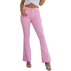 Pantaloni Casual a vita alta con fondo a campana Jeans rosa tinta unita viola ciano svasati per donne alla moda