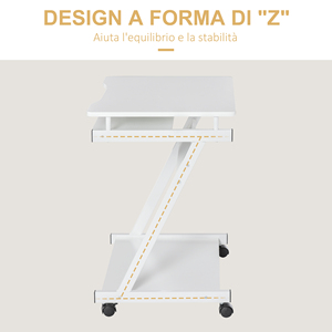 HOMCOM Mesa de PC clásica y ahorradora de espacio, bandeja de teclado retráctil, 4 ruedas y estante inferior blanco 60x48x73cm - Product Image 2