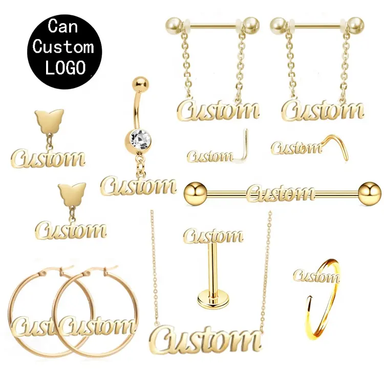 Gaby Hersteller Edelstahl benutzer definierte Halskette und Ohrringe und Piercing Labret Bauch Ring Männer Frauen Gold benutzer definierte Schmuck mit Logo