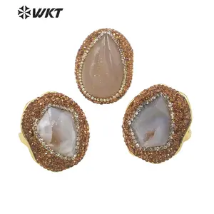 WT-R497 New Popular Gorgeous 18K Real Gold Plated Natural Grey Druzy Geode Agate Arrow Shape With Rhinestone Set Jewelry Ring