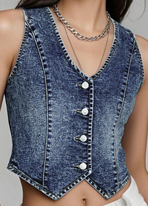 Gilet en jean vintage pour femme, style rétro cowgirl, coupe courte avec col en V sexy, respirant pour le printemps et l'été - Product Image 3