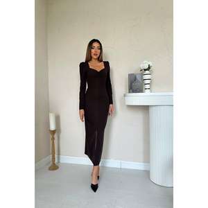 Vestido Tubo de Satén Marrón con Cuello Redondo, Cintura Natural, Antiarrugas, Manga Larga, Largo Midi - Product Image 4