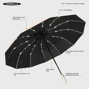 Parapluie de soleil pour adultes à trois plis, entièrement automatique, avec 12 baleines en fibre de verre extra-épaisses et revêtement noir, poignée en caoutchouc, protection UV - Product Image 4