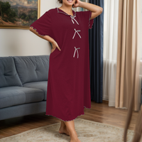 Grande Taille Nuisette Robe de Chambre Froncée Rouge Soie Lactée Nœud Décontractée et Confortable