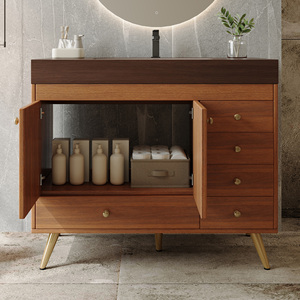 Mid-Century Modern Steel Hotel Gym Bathroom Vanity LED Mirror Drawers Freestanding <b>Bath</b> Vanity Set <b>Storage</b> - Product Image 4
