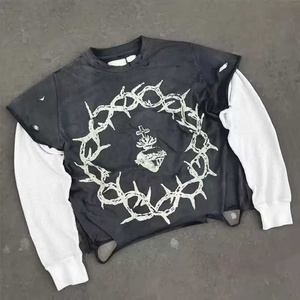 Camisetas Personalizadas Vintage de Manga Larga con Cuello Acanalado, Corte y Costura en Algodón Desgastado, Doble Capa, Estampado Serigrafiado, Estilo Y2K para Hombre - Product Image 4