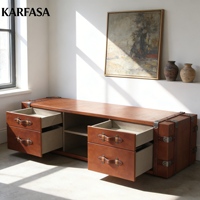 Meuble TV rétro en cuir de style américain, console multimédia pour salon avec 4 tiroirs, mobilier de maison OEM/ODM