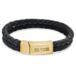 Bracelet en cuir véritable à Double couche pour hommes, en cuir véritable, gravé et personnalisé, plaqué or, noir - Product Image 3