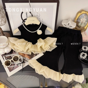Tongxingyuan Girls Summer Korean Style Black Swan Ruffled Flared Pants Two Piece Set Cotton Casual Outfit - Product Image 1