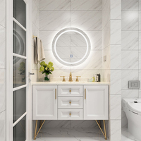 Meuble-lavabo autoportant classique blanc en bois massif avec miroir LED rétroéclairé à cadre doré, ensemble de meuble-lavabo pour la maison, directement de l'usine