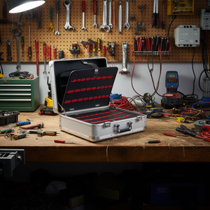 Caja de herramientas de aluminio de 48x39x20 cm para electricista con franjas rojas y cierres seguros - Product Image 3