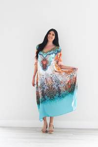 Boho Maxi <b>Dress</b> Women Floral Print Cotton Loose Fit Half Batwing <b>Sleeve</b> Scoop Neck <b>Summer</b> Casual Wear Kaftan <b>Dress</b> For Women - Product Image 5