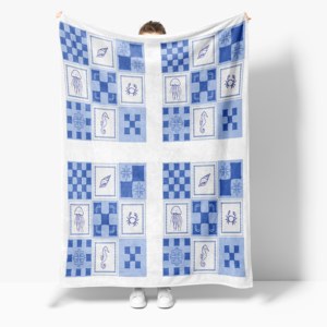 Manta de Franela Personalizada con Estampado de Criaturas Marinas en Tablero de Ajedrez, Suave y Cálida, para Casa de Playa, Venta al Por Mayor - Product Image 1