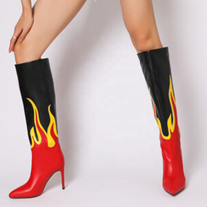2022 Red Fire Pattern Pointy Toe Thin High Heel Boots Big Size 44 Short Knee High Women Boots Slip-on <b>Shoes</b> Winter Spring - Product Image 4