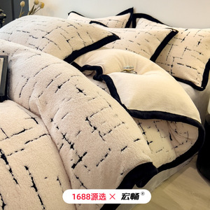 Winter Milk Fleece Four-Piece <b>Bedding</b> <b>Set</b> Thickened Warm Anti-Static Cotton Fleece Solid Color Plants And Flowers - Product Image 2