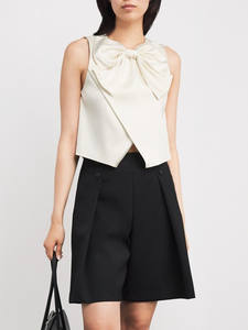 Chaqueta Corta Elegante para Mujer, Estilo Heredera, Holgada, Transpirable, con Lazo, Sin Mangas, Cuello Redondo, Satén, Color Sólido, Asimétrica - Product Image 5