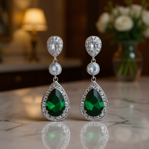 Boucles d'oreilles pendantes classiques pour femme en zircon vert, plaqué rhodium, avec cristaux taille poire sertis clos, bijoux de mode pour soirée - Product Image 2