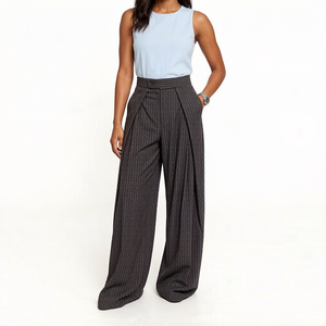 <span class=keywords><strong>Pantalon</strong></span> de Costume Formel Plissé à Rayures Taille Haute Vintage Ample et Élégant pour <span class=keywords><strong>Femme</strong></span>, Coupe Décontractée, Personnalisé OEM - Product Image 2