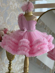 Princess Pink One Shoulder Performance Couture Ruffled Tulle <strong>Tutu</strong> Skirt Pearl Belt Decoration Birthday Party <strong>Dress</strong> for Girls - Product Image 3